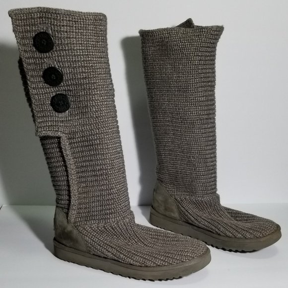 UGG Gray Chunky Wool Sweater Knit Cardy Mid Calf Boots Cozy - Picture 1 of 10